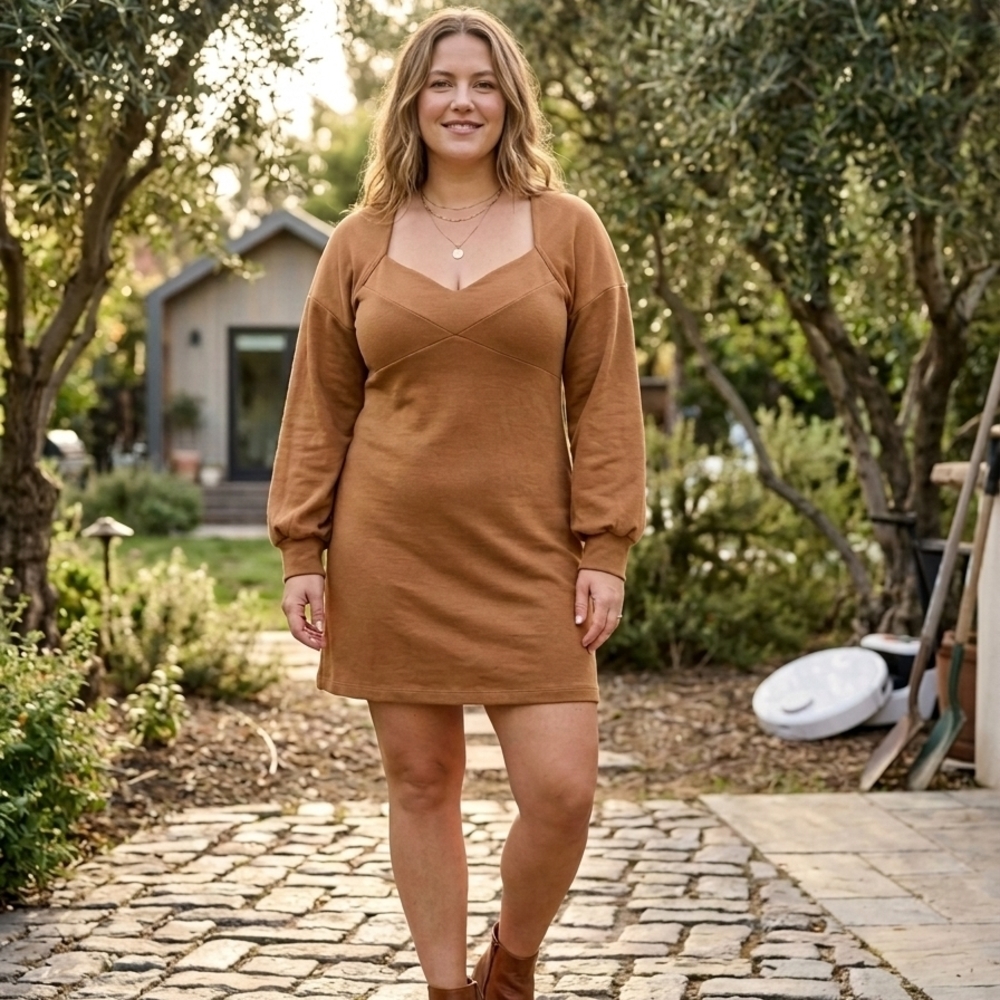 Zara Brown Mini Sweatshirt Dress with Sweetheart Neckline